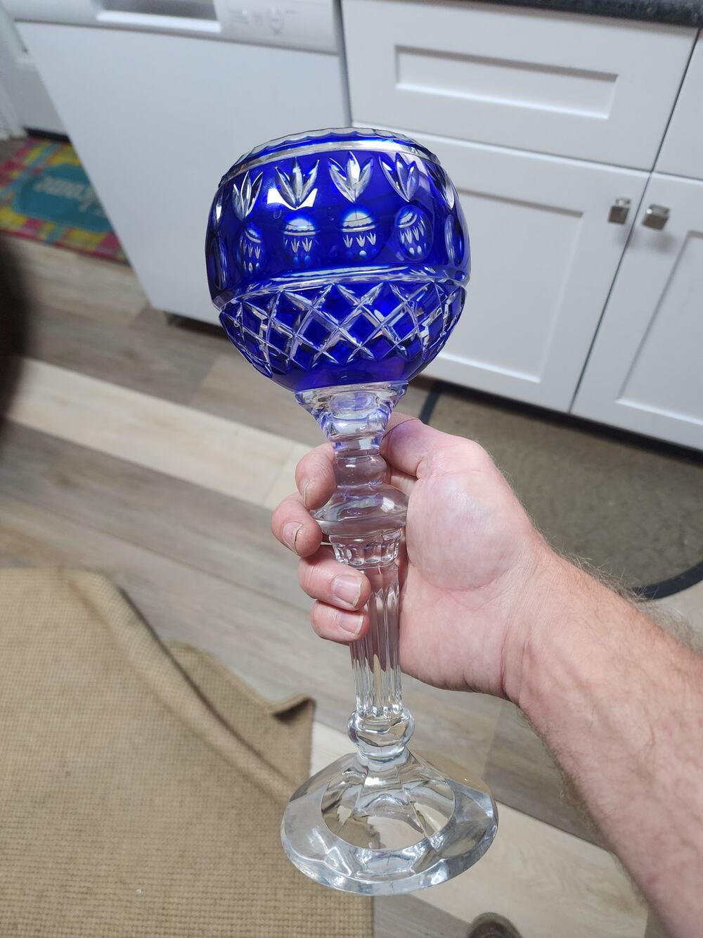 Vintage Cobalt Blue Cut to Clear Crystal Wine Goblet Glass
